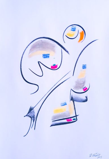 Entstehung 1200.- Abstrakte künstlerische Komposition mit geschwungenen Linien und bunten Farbakzenten.