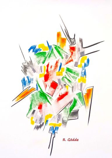 Gelege abstrakt 1200,00 Abstrakte Komposition mit kräftigen Farben und dynamischen Linien.